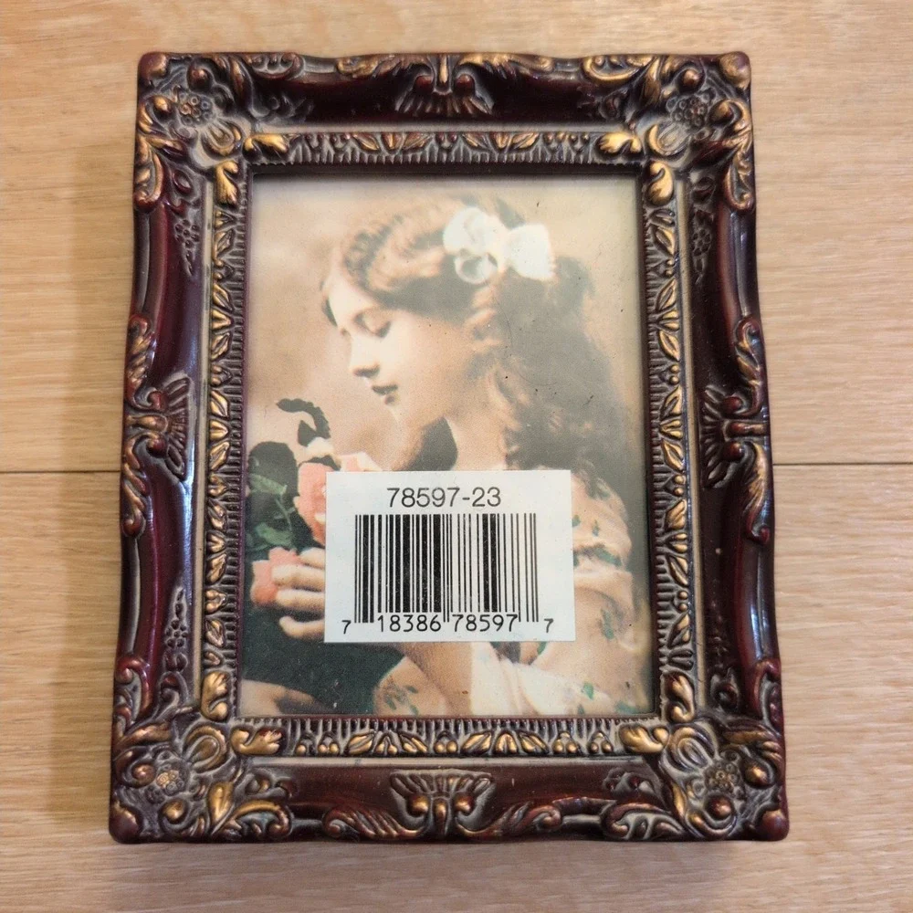 Vintage Ornate Miniature Picture Frame Baroque Gold Tone Red Mahogany 3.5x4.5